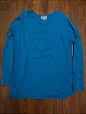 JM Collection Teal Blue Long-Sleeve Crewneck Sweater with Button Cuffs